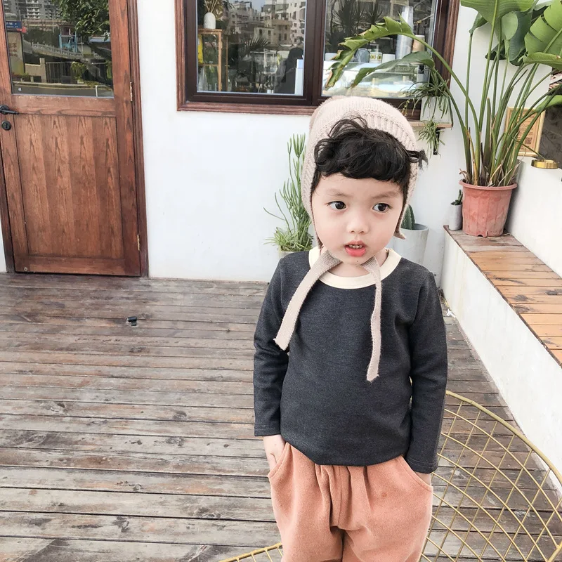 Г. Зимние Утепленные футболки унисекс для детей однотонные приталенные Топы в Корейском стиле для маленьких мальчиков и девочек, футболка с длинными рукавами
