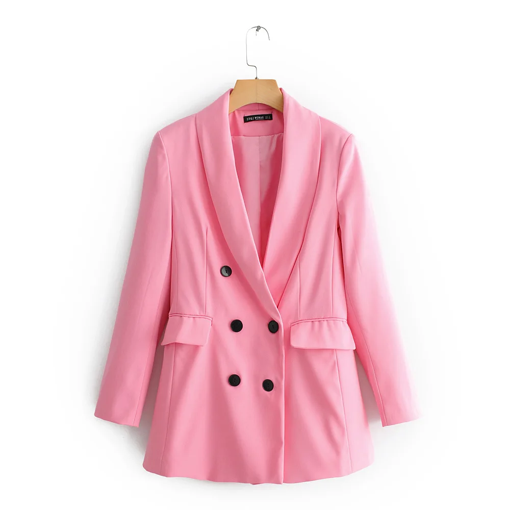 Женский стильный розовый Блейзер Женский двубортный с карманами длинный рукав повседневное однотонное пальто Женская офисная одежда