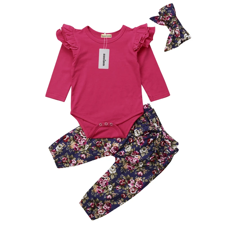 

3pcs Baby Girls Ruffle Romper Top+Floral Pants+Headband Outfits Newborn Kid autumn Winter Cotton Clothes Set Infant Clothing Set