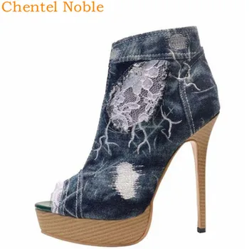 

2020 Brand Chentel High Heel Peep Toe Shoes Women Ladies Denim Side Zipper Ladies Platform Party Shoes Women Pumps Big Size