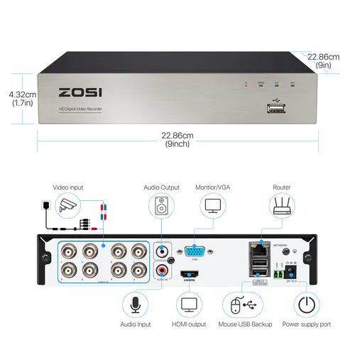 ZOSI-1080P 8 채널 8CH AHD CVI TVI CVBS DVR 1920x1080 2MP CCTV 비디오 레코더, 하이브리드 캠 보안 시스템 5