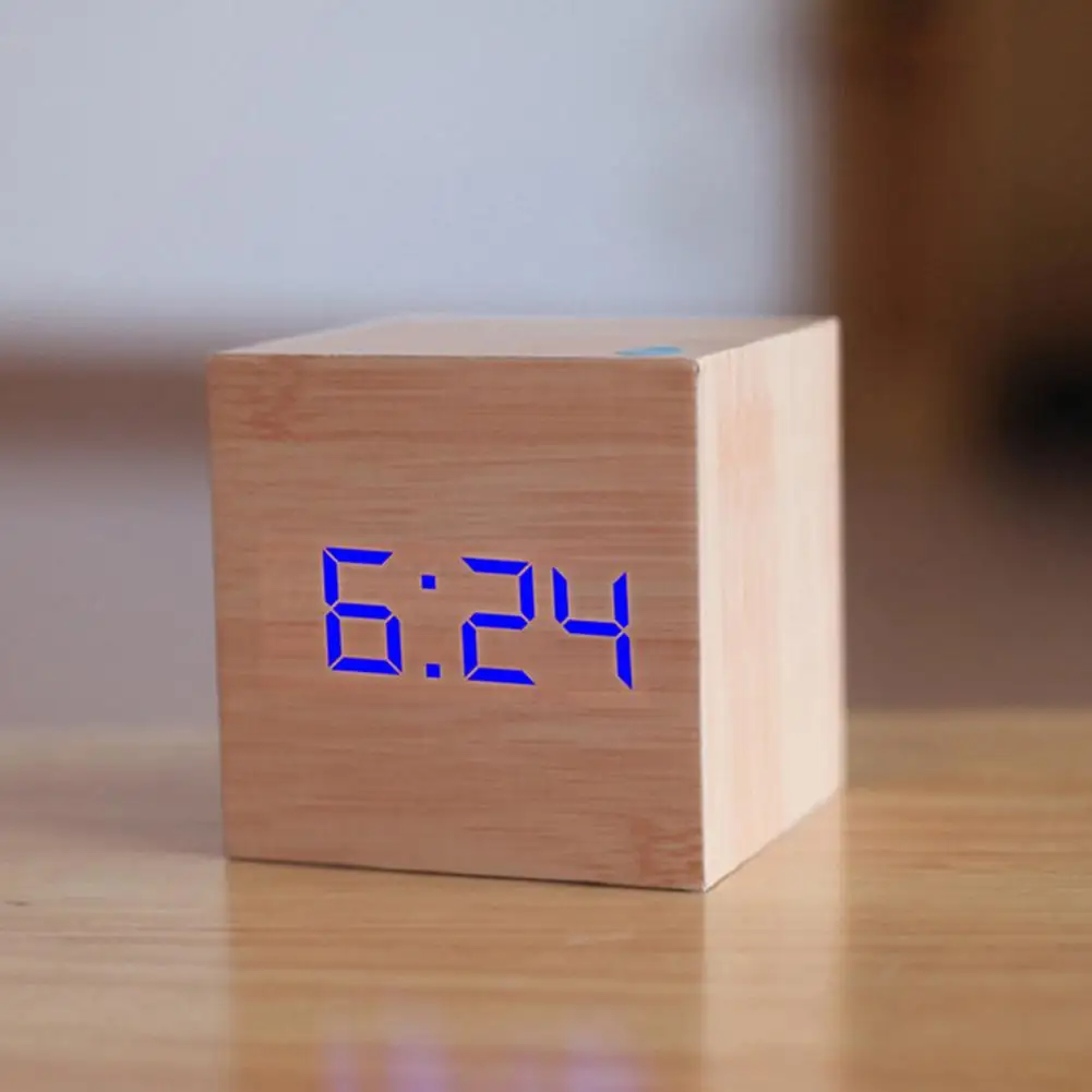 LED Wooden Alarm Clock Watch Table Voice Control Electronic Desktop USB/AAA Powered Clocks Table Decoration Desk Tools