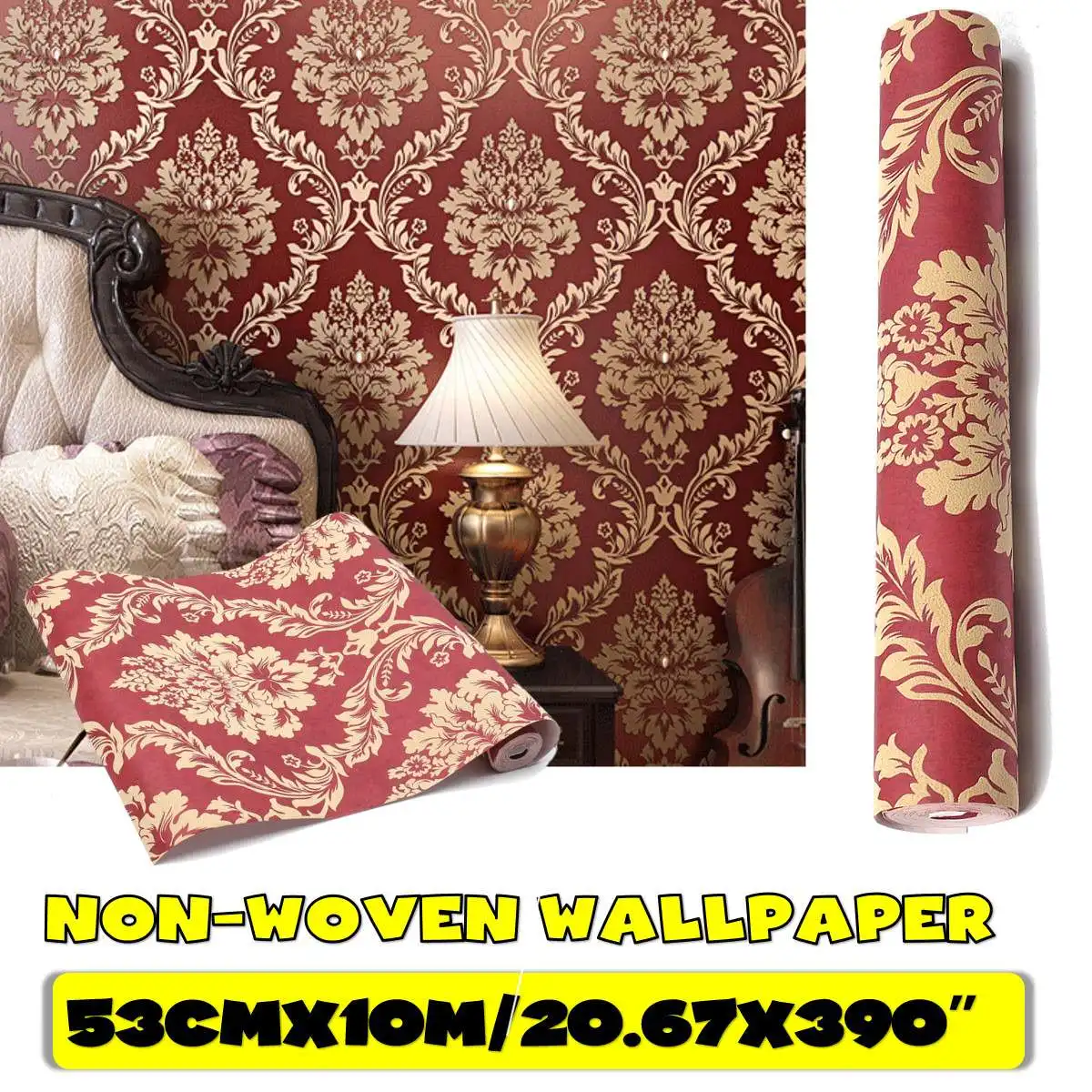 

53cm*10m 3D Red Wine European Style Non-woven Wallpaper Classic Wall Paper Roll Wallcovering Luxury Wallpaper