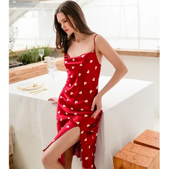

Nightdress Women Summer Imitation Silk Suspender Long Knee Skirt Sexy Love Printed Silk Nightwear Wholesale