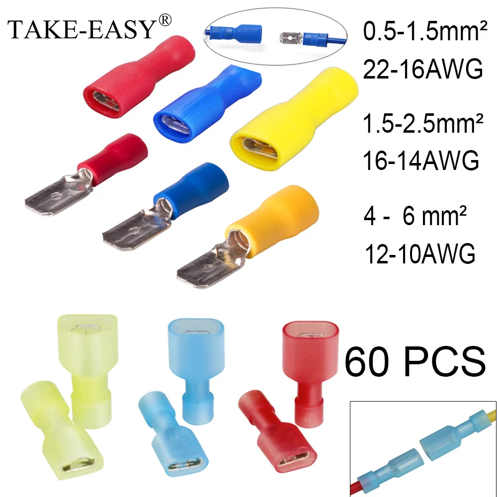Tomar-fácil 60 uds Terminal macho hembra conector Lug Terminal de cable de empalme terminales de crimpado conector surtido