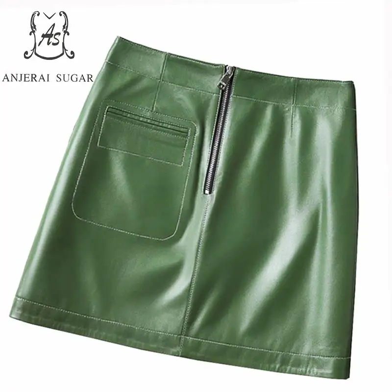 Herfst rok womens sexy zwart groen echte schapenvacht lederen hoge taille twee manieren te dragen OL jupe femme korte micro mini rokken Herfst rok womens sexy zwart groen echte schapenvacht lederen hoge taille twee manieren te dragen OL jupe femme korte micro mini rokken