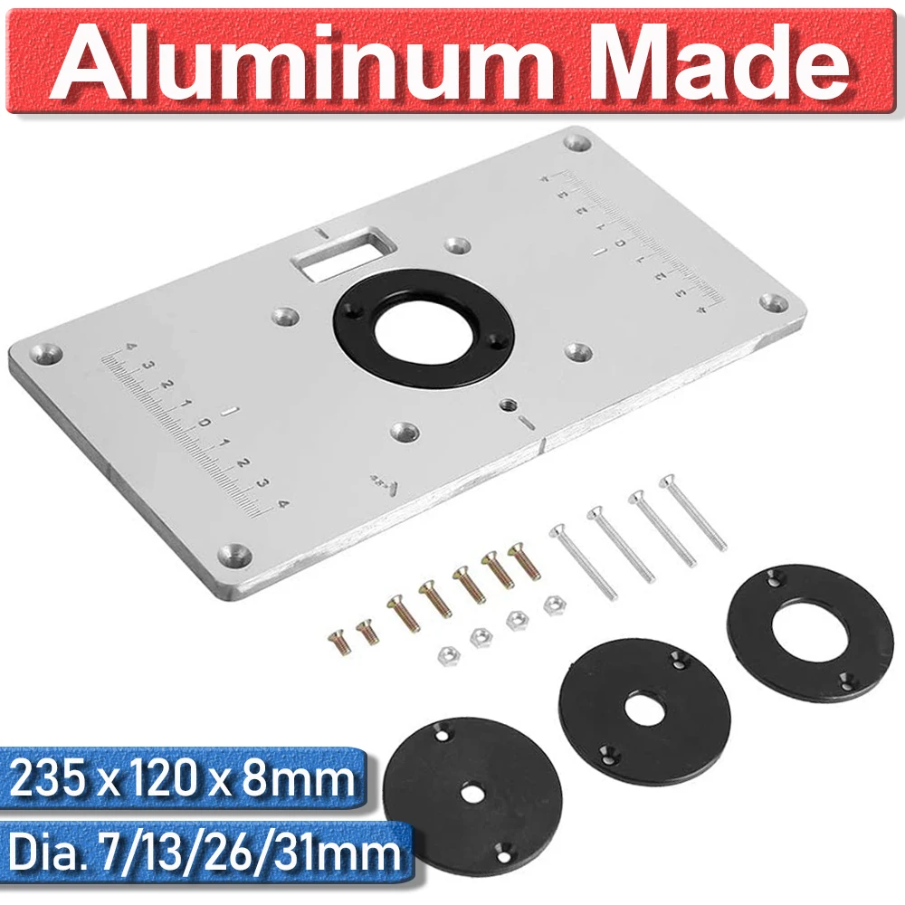 

Insert Aluminum Table Plate Trimmer Plate Router Ring For Woodworking Benches Trimmer 235 x 120 x 8mm Universal With Rings Tools