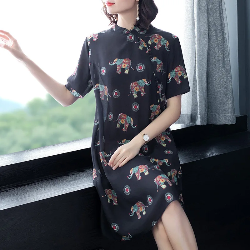 

black chiffon elephant floral silk qipao dresses women 2020 summer long casual office work beach party dress plus size dropship