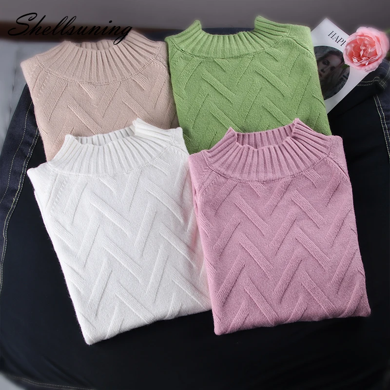 Shellsuning Cotton Sweater Women Winter Knitted Pullover Green Oversized Tops Casual Solid Color Warm Jumper Female Chic Clothes | Женская