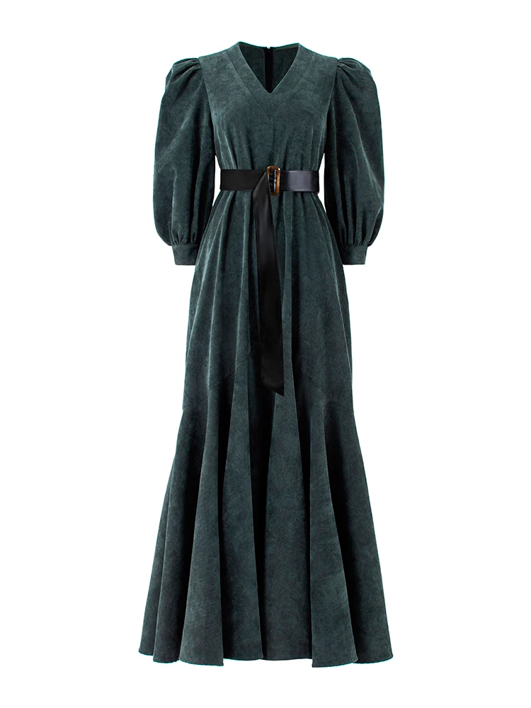 Бархатные длинное платье осенне-зимний стиль Для женщин с v-образным вырезом Фонари рукав Винтаж Зеленый Длинные вечерние сексуальное платье русалки Vestidos