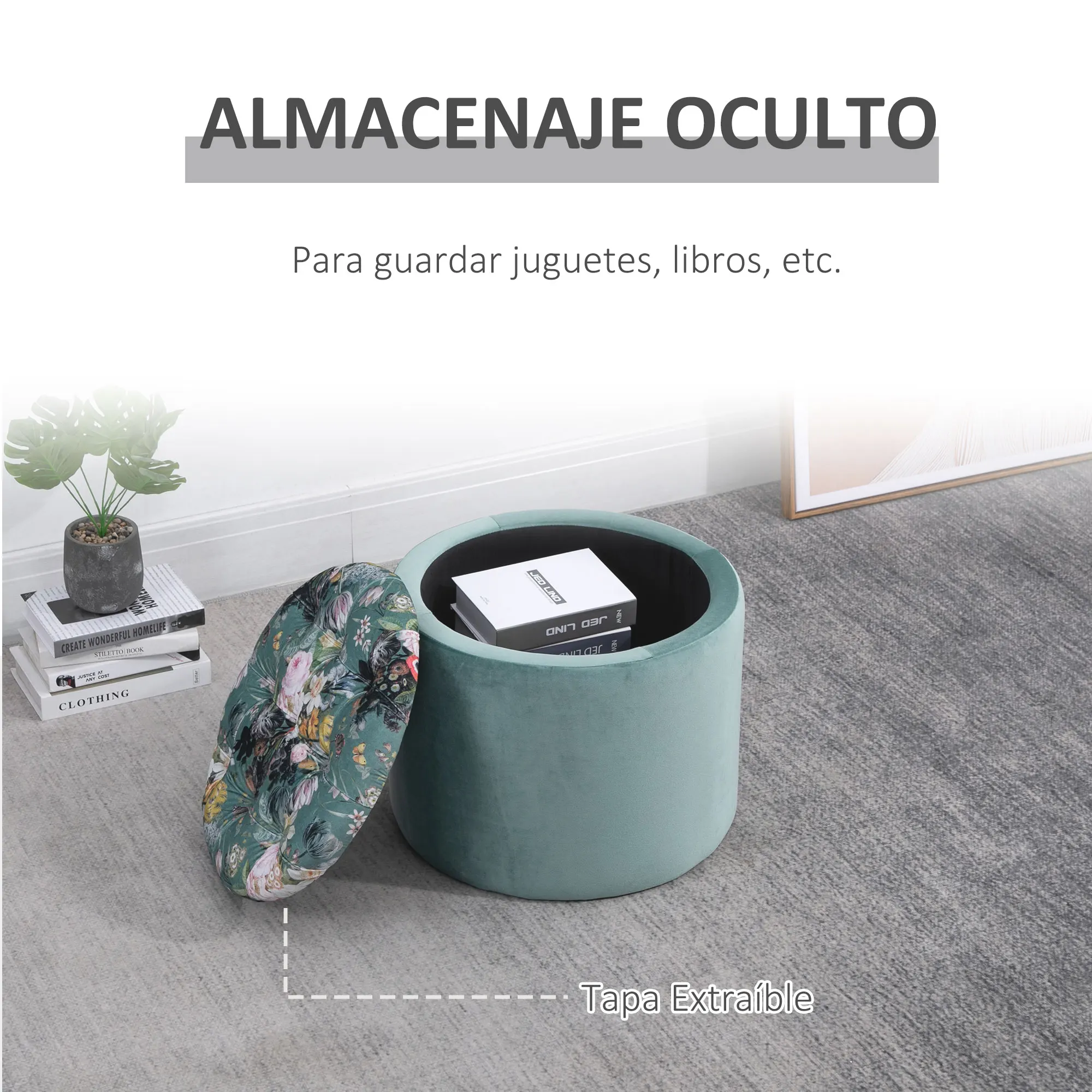 HOMCOM Taburete de Almacenaje Baúl Puf o Reposapiés Redondo con Tapa para  Sala de Estar Dormitorio Φ50x38 cm Turquesa - AliExpress