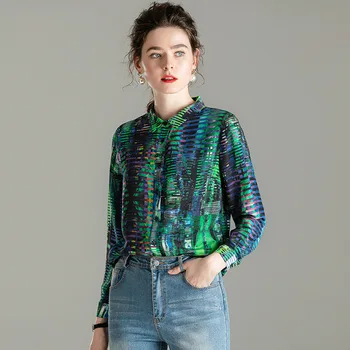 

Q190226 Lapel Long Sleeve Printing Silk Top Joker Temperament Silk Shirt