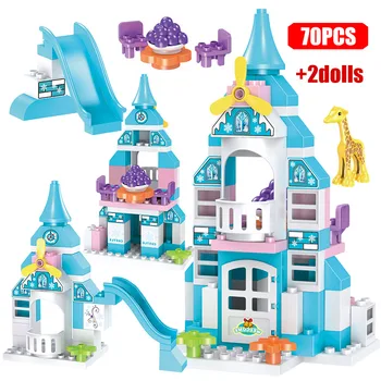 

70PCS DIY City Elsa Ice Castle Building Blocks Compatible Duploed Friends Snow Castle Princess House Big Bricks Toys for Girls