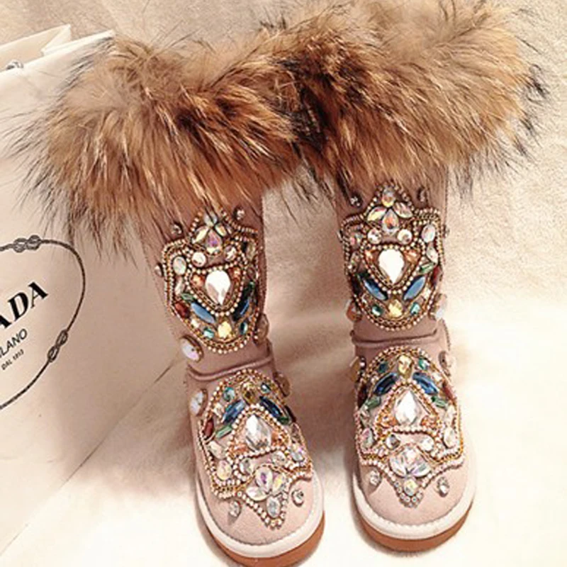 2021 Winter Snow Boots Women Real Fur Rhinestone Handmade Warm Flat Ankle Suede Leather Comfortable Casual Shoes | Обувь