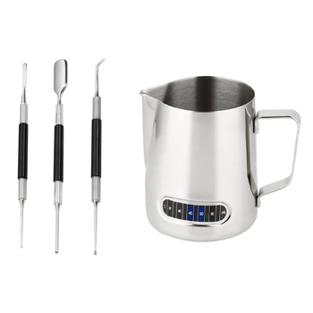 

3 Pcs Bright Stainless Steel Coffee Art Pen & 1x Milk Frothing Pitcher with Thermometer Stainless Steel 600Ml