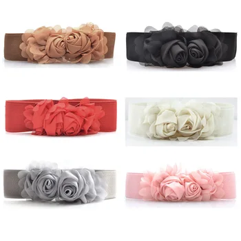 

Ladies Elastic Waist Belt Lace Rose Flower Buckle Stretch Belt Dress Decoration LLBLT0070