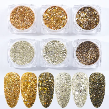 

6 box Holographic Nail Glitter 3D Gold Silver Dip Powder Flakes Set Sparkly Sequins Gel Nail polish Manicure Decor LA1539-05-1