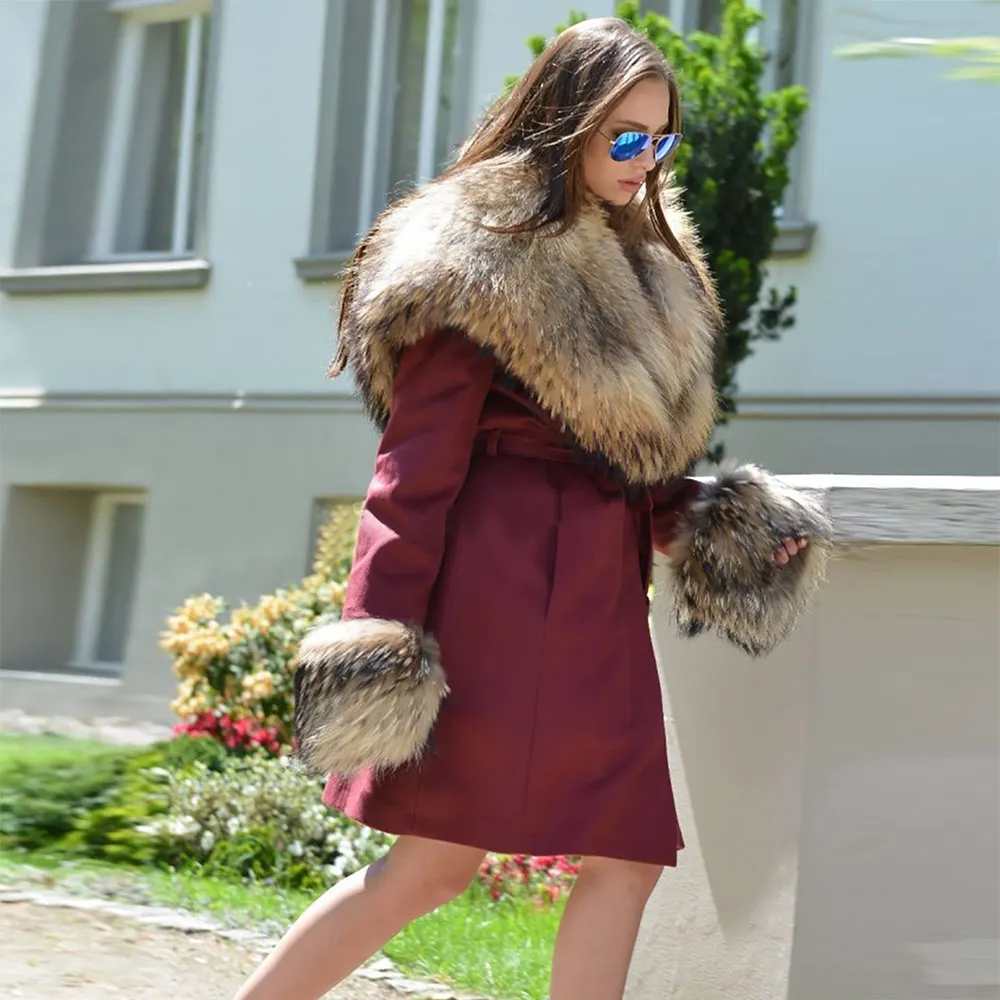 New Nature Raccoon Fur Collar Overcoat Women Winter Outerwear Long Woolen Coat Fashion Female Jacket Real Fur Hooded Coat