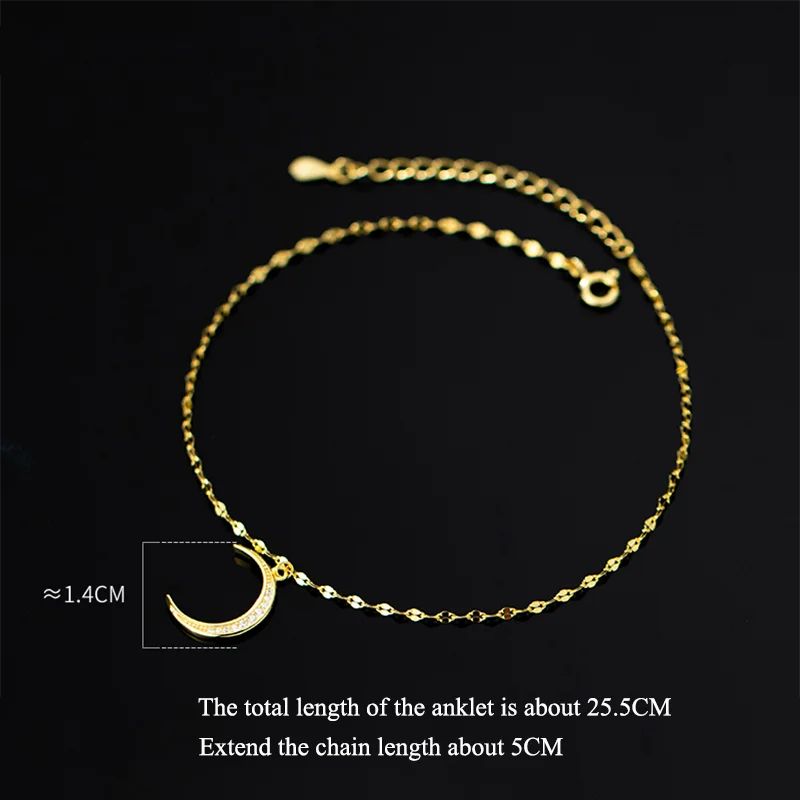 WANTME 925 Sterling Silver Fashion Romantic Moon Pendant Lip Piece Chain Charm Anklet for Women Simple Beach Party Foot Jewelry