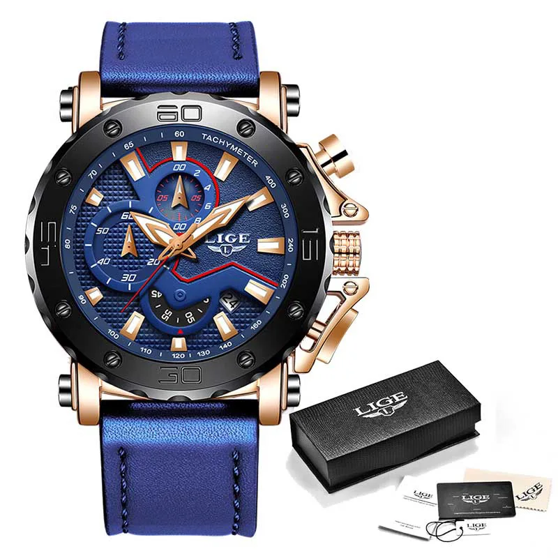 LIGENew Модные мужские s часы лучший бренд класса люкс Большой циферблат военные кварцевые часы синие кожаные водонепроницаемые спортивные хронограф часы для мужчин - Цвет: Full blue