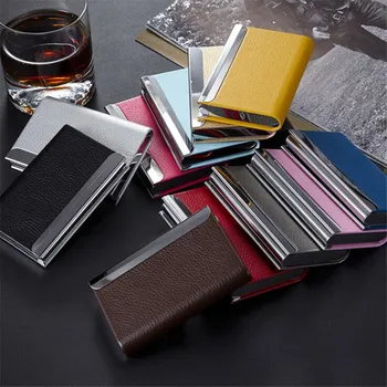 

New High Quality Business Card Holder Multicolor Leather Cover Stainless Steel Case Holders Organizer