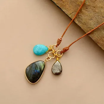 Natural Stone Pendant Necklace Labradorite Amazonite Leather Pendant Necklace Designer Jewelry Bohemian