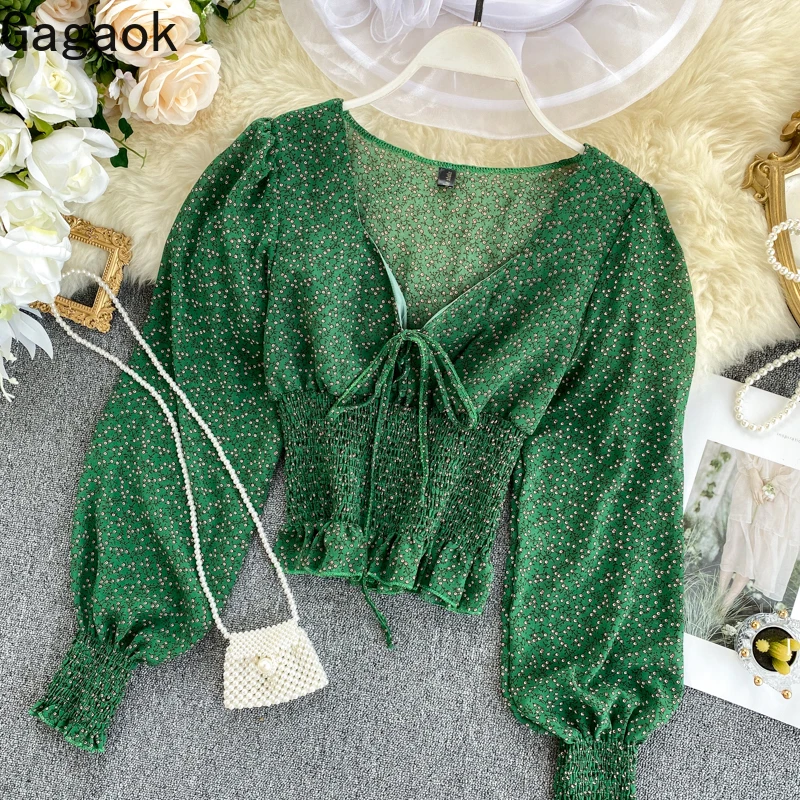 

Gagaok Sweet Women Short Blouses Spring Autumn New V-Neck Chiffon Print Puff Sleeve Slim Chic Wild Retro Female Fashion Shirts