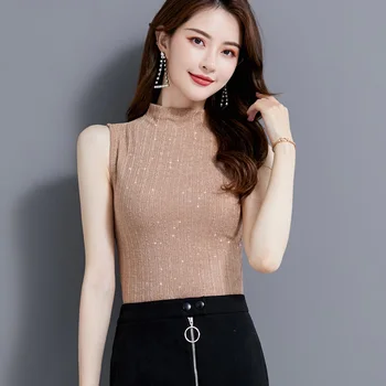 

COIGARSAM Fashion Sleeveless blouse women New Turtleneck blusas womens tops and blouses Khaki White Black 1269