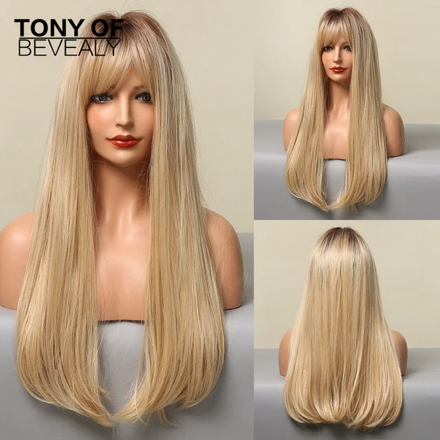 Long Straight Brown Ombre Natural Hair Wigs Middle Part Heat Resistant Synthetic Wigs for Afro Women Daily Cosplay Fashion Wigs lc021-1
