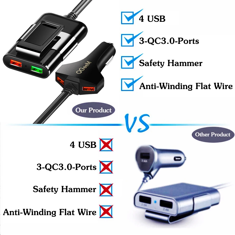 QGEEM 4 USB Автомобильное зарядное устройство для iPhone Quick Charge 3 0 портативное Hammer