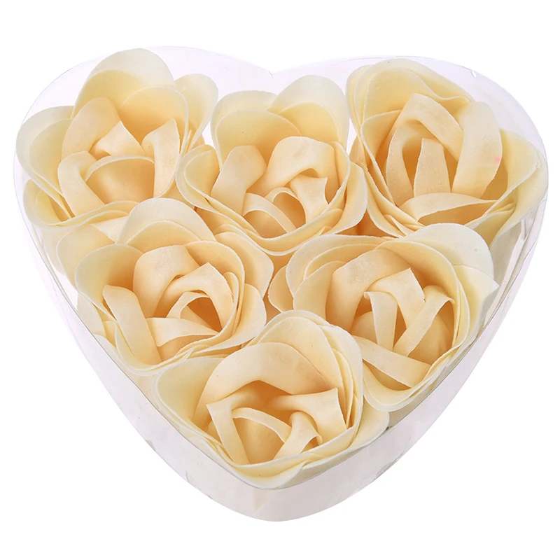 6 Pcs Bathing Shower Off White Rose Flower Bath Soap Petals w Heart Shaped Box