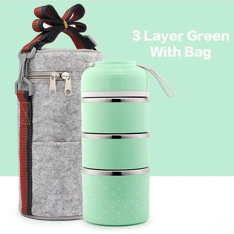 Милый Ланч-бокс из нержавеющей стали для детей школьная портативная герметичная порционная коробка Bento для хранения еды контейнер - Цвет: 3 Layer Green Bag