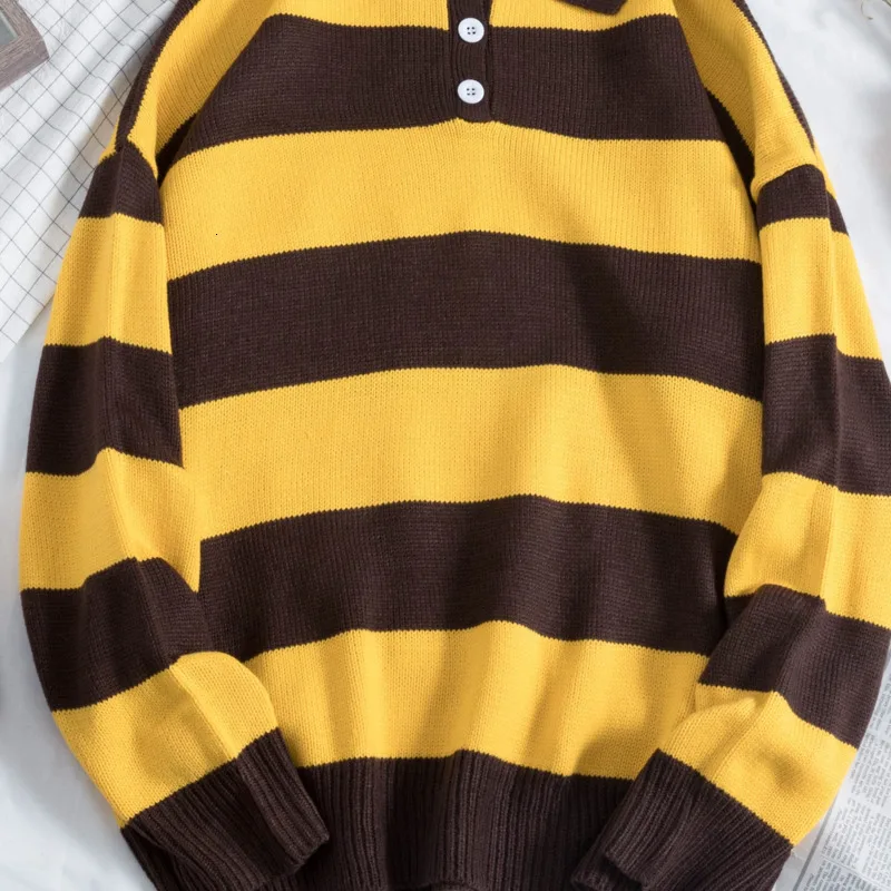 Winter Polo Sweater Men Warm Fashion Contrast Color Casual Striped Sweter Knit Clothes Sweater Man Loose Long-sleeved Pullover