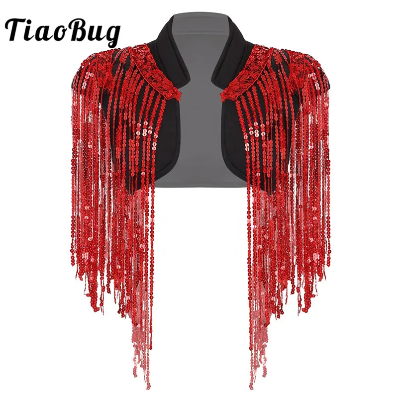 TiaoBug Women Sleeveless Sparkle Sequins Tassels Cropped Vest Waistcoat Hip-hop Jazz Dance Costume Rave Stage Performance Jacket |