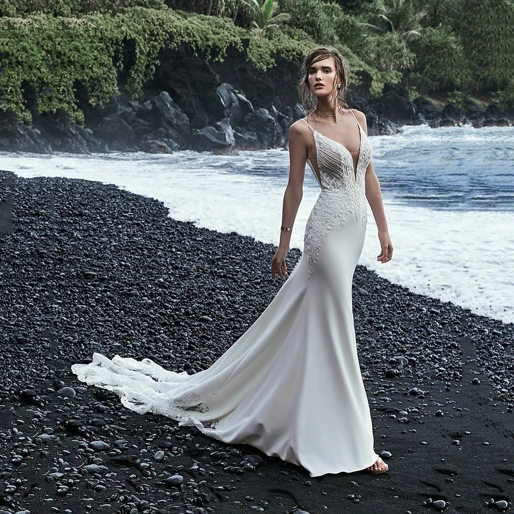 

Eightale Ivory Mermaid Lace Beach Wedding Dresses Deep V Neck Wedding Gown Off The Shoulder Lace Sleeves Bridal Gowns 2021