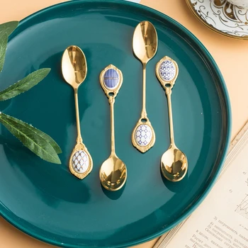 

Stainless Steel Spoons Inlay Ceramic Handle Coffee Scoop Vintage Gold Plating Dessert Spoon Ins High Grade Cake Scoop