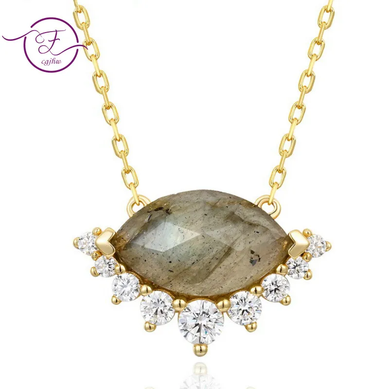 S925 Sterling Silver 9K Gold Natural Labradorite Geometric Pendant Necklace Simple Style Gemstone | Украшения и аксессуары