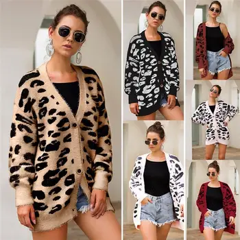 

2019 Autumn Winter Long Cardigan Sweater Leopard Printed Long Sleeve Knitwear Women Sweater Autumn Harajuku Sweater