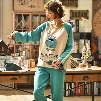 

GCAROL Wome 2 Pcs Cotton Pajama Sets Cartoon SleepShirt Long sleeved Trousers Graffiti Cute Home Clothes Suit Plus Size 2XL