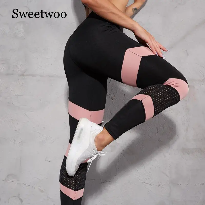 

High Waist Yoga Pants Women Pink Mesh Patchwork Sport Leggings Gym Tight Breathable Running Fitness Leggings Sportswear