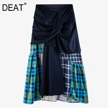DEAT, новинка, высокая талия, прямая, в клетку, из кусков, контрастная, цветная, асимметричная, полубоди, юбка, женская, низ, WJ71805L