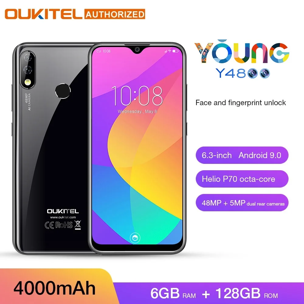 

OUKITEL Y4800 6.3" FHD+ Big Screen Smartphone Android 9.0 Octa Core 6G 128G Fingerprint 4000mAh 9V/2A Face ID Mobile Phone