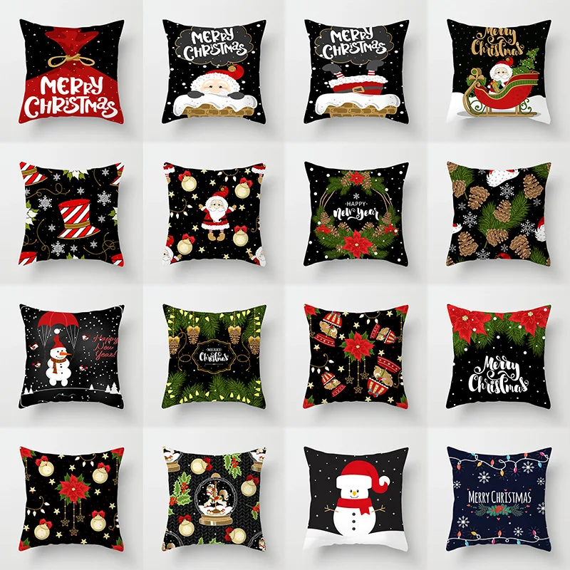 

Single-sided Printing Polyester Black Decorative Throw Pillow Case Cartoon Christmas Gift Snowman Santa Claus Deer Cushion Cover