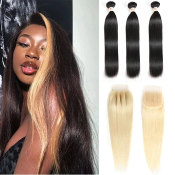 

Remy Forte 30 inch Bundles With Closure 613Blonde Closure With Human Hair Bundles Straight Brazilian Hair Weave Bundles Fast USA