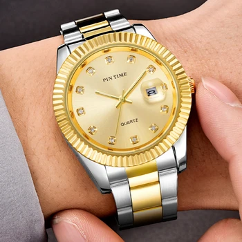 

Free Shipping Men Silver Gold Watch Luxury Datejust Style Diamond Stainless Steel Quartz Movement Sport Wristwatches Cheap Sale