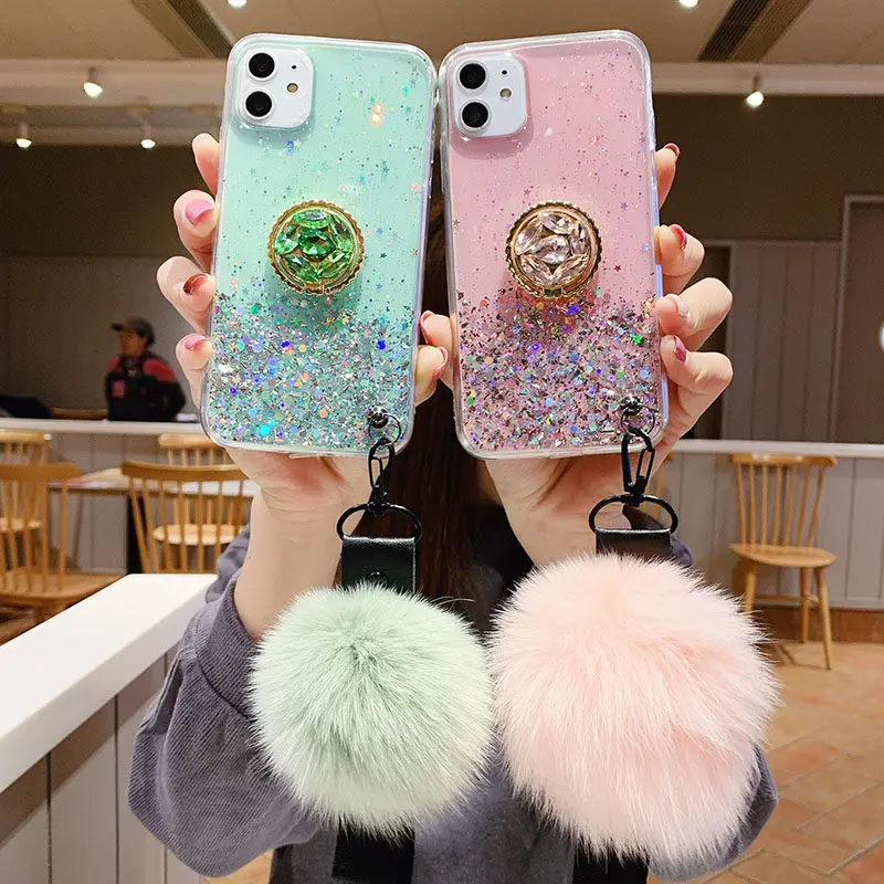 

Bling Phone Case For Xiaomi Redmi Note 7 6 8 Pro Mi8 Mi9 A2 Lite 6X 9T Luxury Diamond Stand Fashion Hair Ball Lanyard Case Cover