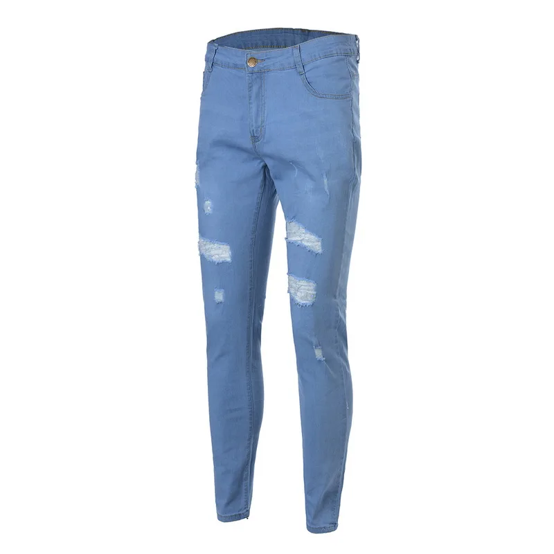Мужские джинсовые повседневные обтягивающие потертые джинсы, мужские рваные брюки в стиле хип-хоп, тонкие однотонные узкие брюки с дырками, модная Осенняя мужская уличная одежда