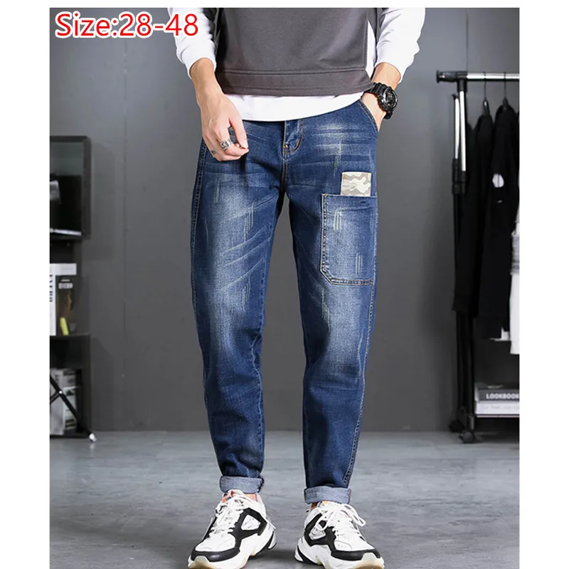 Pencil Jeans Men HipHop Distressed Black Denim Pants Man Pocket Boys Plus Size 44 46 48 Stretched Elastic Autumn Winter Trousers Pencil Jeans Men HipHop Distressed Black Denim Pants Man Pocket Boys Plus Size 44 46 48 Stretched Elastic Autumn Winter Trousers