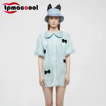 

Tpmaccool Luxury Designer Women dresses Metallic color Lantern Sleeve Bowknots 2020 Summer New peter pan Collar mini party dress
