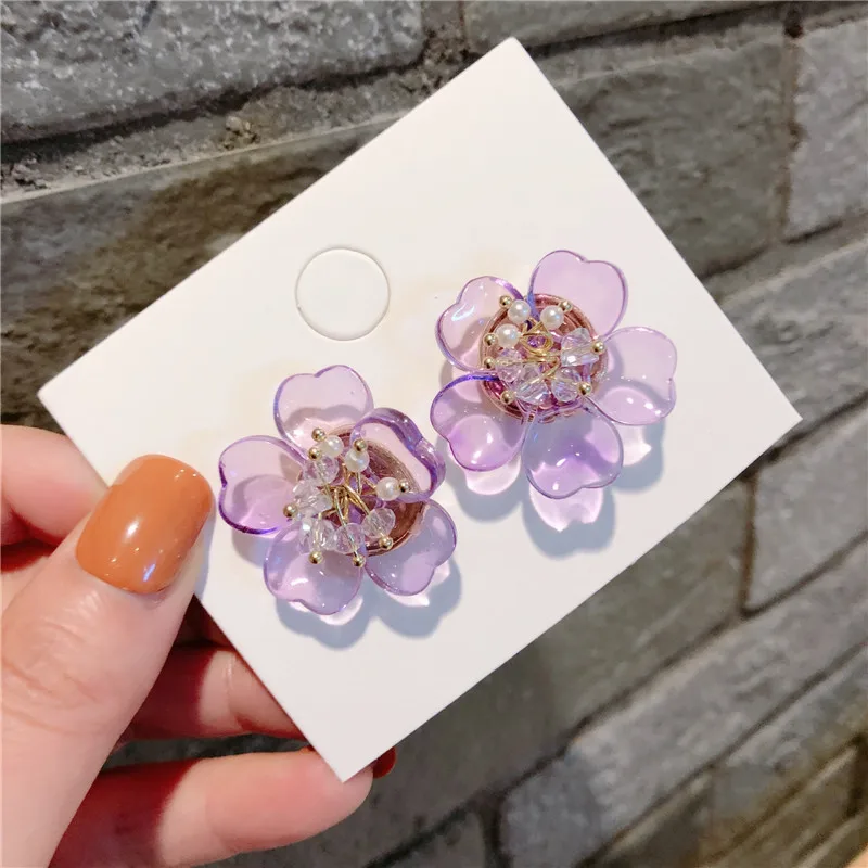 Korean Style Girl Earrings Transparent Flower Stud for Women Fashion Jewelry Accessories | Украшения и аксессуары
